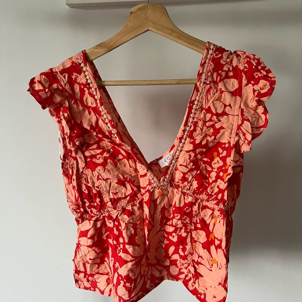 Red and White Ruffled Wrap Blouse